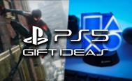 PS5 logo in white above "Gift Ideas" branding. This is in front of two blurry images, one featuring Spider-Man Miles Morales. The other featuring a blue light styled like the PlayStation buttons.