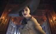 tall Lady Dimitrescu from Resident Evil Village, leaning close to the player's POV.