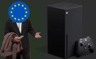 A man stands in a confused pose near an Xbox Series X console. His head has been substituted for the European flag.