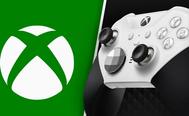 Xbox Elite Series 2 controller in black with a gradient white and grey touchpad next to the white Xbox logo in front of a green background.