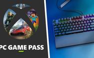 "PC GAME PASS" logo in white with the Xbox logo outline above it with a different game in each section. On the other side of a central white line, a black wired keyboard with RGB lighting behind the keys.