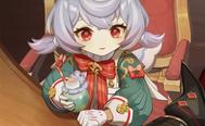 Sigewinne in Genshin Impact, sitting at a desk with a summery drink.