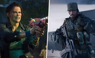 A character from Black Ops 6 zombies firing a Ray Gun on one side of a white line. On the other, a solider wearing dark green camo holding a weapon.